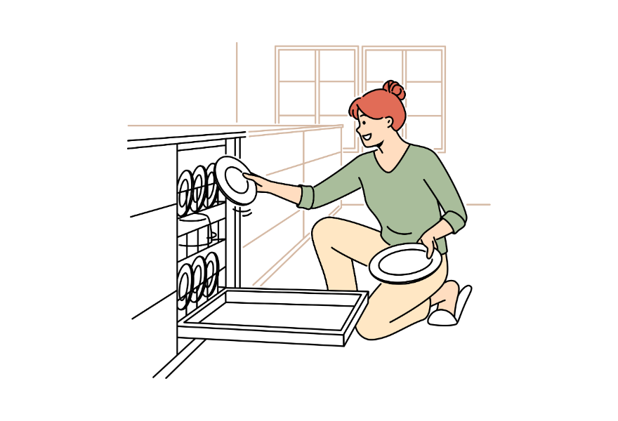 食洗機に食器を入れる女性