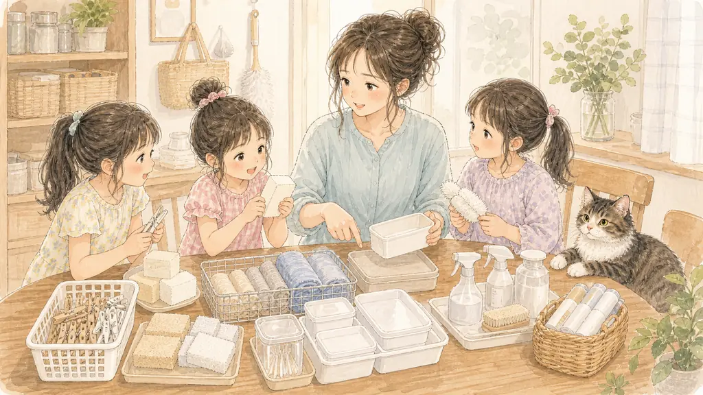 日用品費を月2,000円節約の「100均に置き換えられるものリスト」をイメージした親子の水彩イラスト
