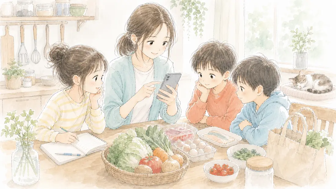ChatGPTで献立づくりが5分にの「コツ4:1週間まとめてお願いする」をイメージした親子の水彩イラスト