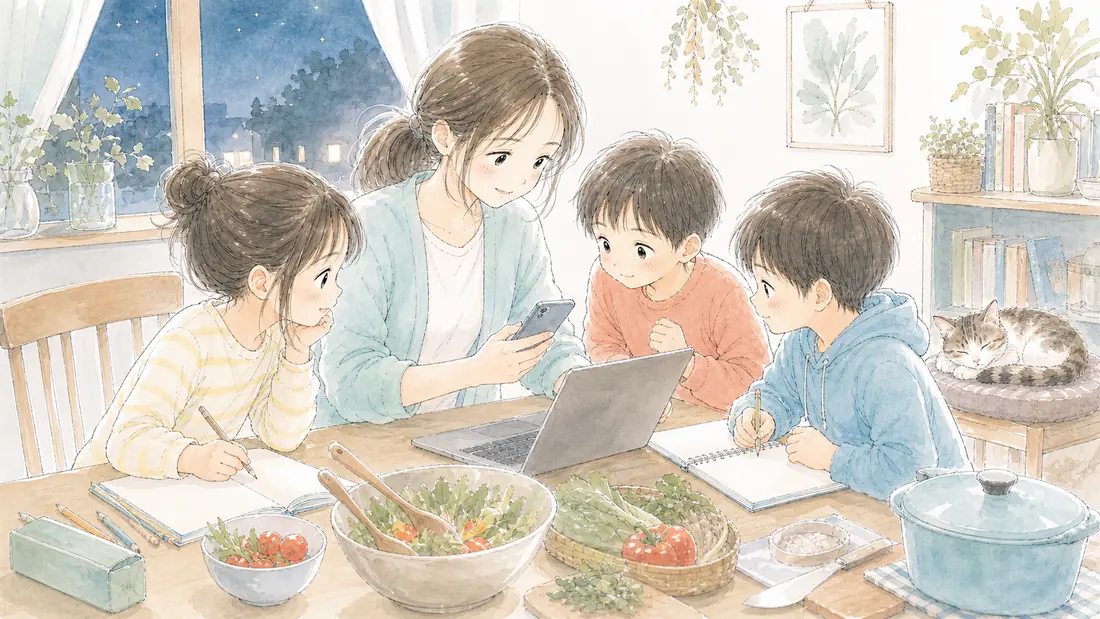 ChatGPTで献立づくりが5分にの「Step1:月曜の夜にプロンプトを送る」をイメージした親子の水彩イラスト