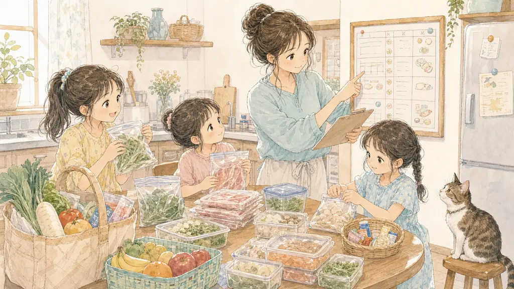 食費を月3,000円節約の「まとめ買いを成功させる4つのコツ」をイメージした親子の水彩イラスト