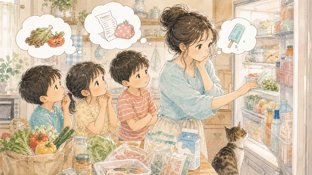 食費を月3,000円節約の「夏の食費が増えやすい理由3つ」をイメージした親子の水彩イラスト
