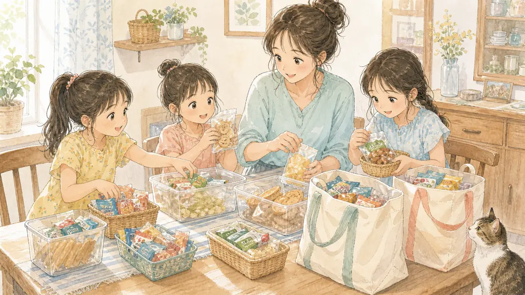 夏休みのおやつ代を月2,000円にの「節約術1:業務スーパーでおやつをまとめ買いする」をイメージした親子の水彩イラスト