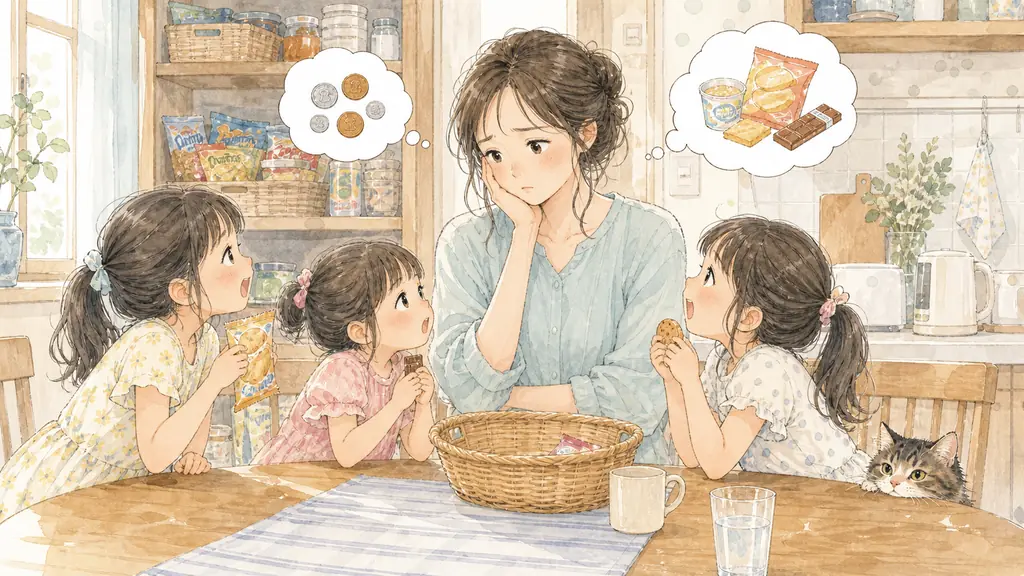 夏休みのおやつ代を月2,000円にの「夏休みのおやつ代が膨らむ2つの理由」をイメージした親子の水彩イラスト