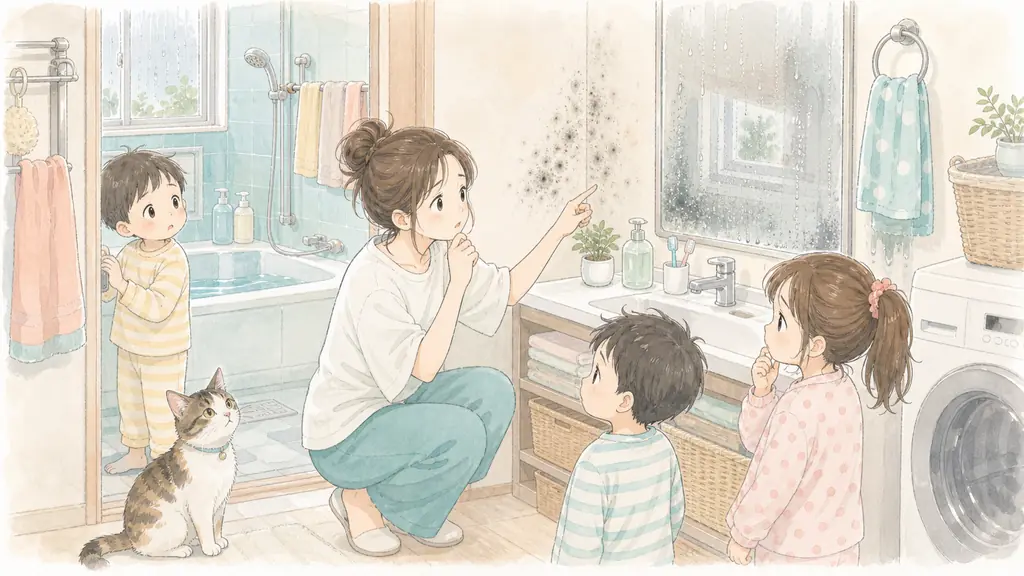 梅雨のお風呂カビ対策の「梅雨にお風呂のカビが増える理由を知っておこう」をイメージした親子の水彩イラスト