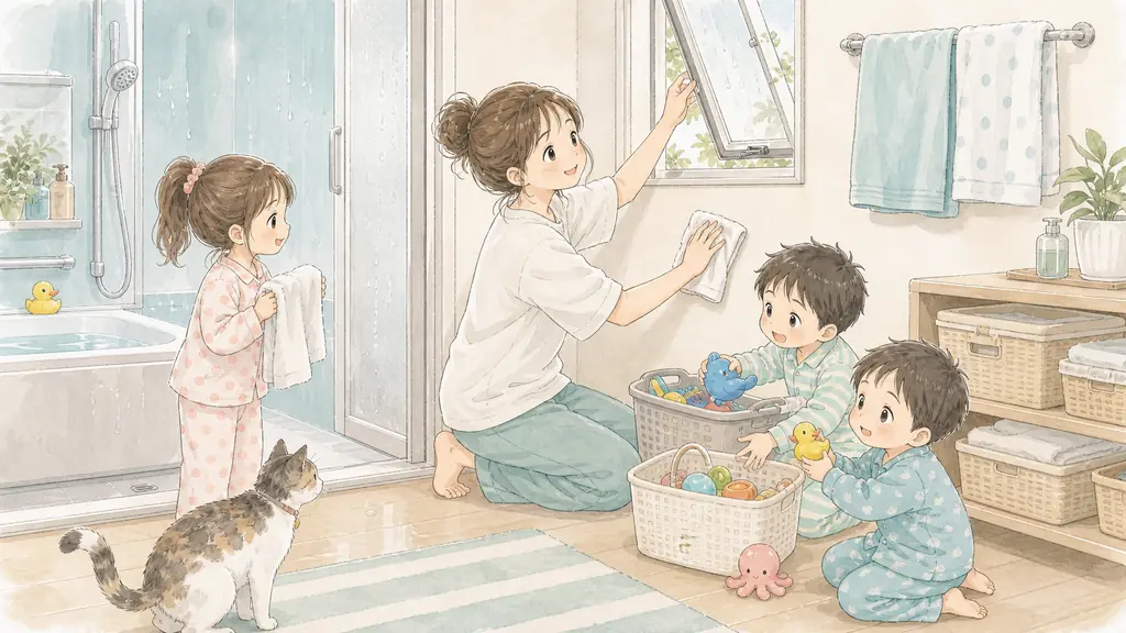 梅雨のお風呂カビ対策の「入浴後5分でできる!毎日のカビ予防ルーティン」をイメージした親子の水彩イラスト