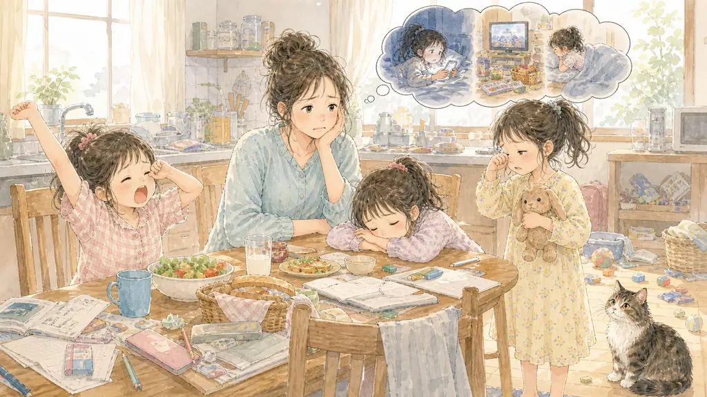 夏休みの生活リズムを整えるの「夏休みに生活リズムが崩れる本当の理由」をイメージした親子の水彩イラスト