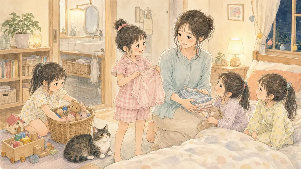 夏休みの生活リズムを整えるの「コツ4：就寝1時間前に「入眠ルーティン」を作る」をイメージした親子の水彩イラスト