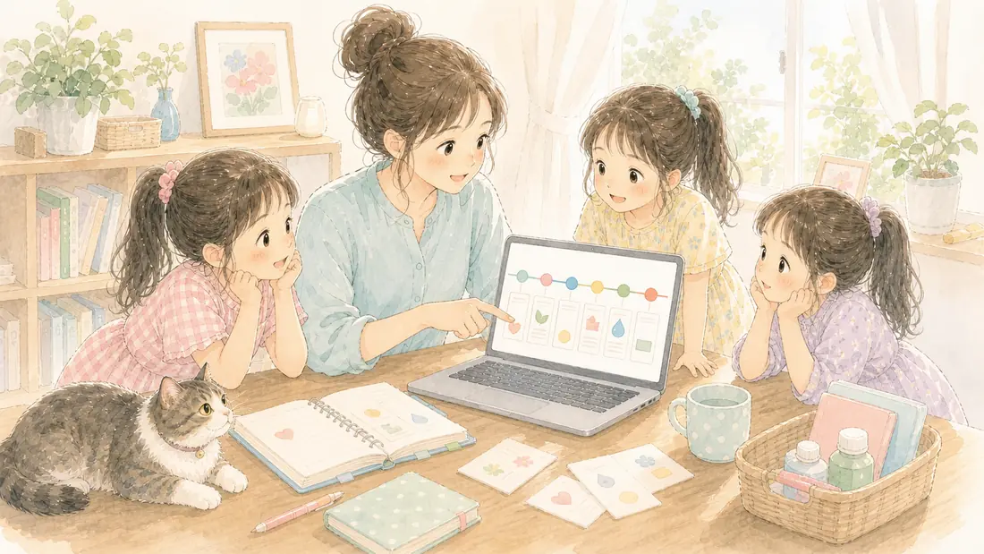 ChatGPTで受診記録がラクにの「②時系列に自動でまとめてくれる」をイメージした親子の水彩イラスト