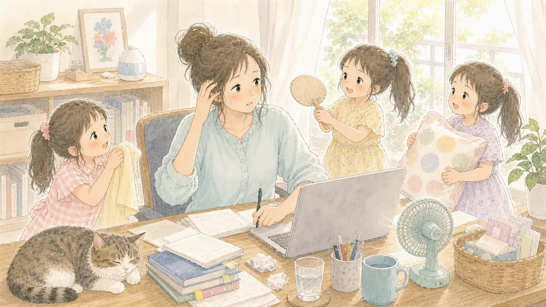 在宅ワークの夏支度の「夏の在宅ワーク、環境を整えると集中力が変わる理由」をイメージした親子の水彩イラスト