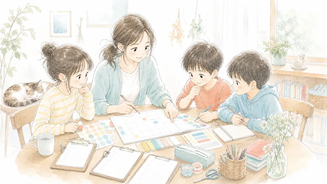 夏休み自由研究テーマ選びの「8月末に泣かないために！早め完成の5つのコツ」をイメージした親子の水彩イラスト