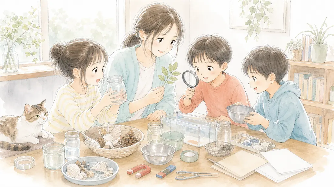 夏休み自由研究テーマ選びの「家にあるものでできる！小学生向けテーマ6選」をイメージした親子の水彩イラスト