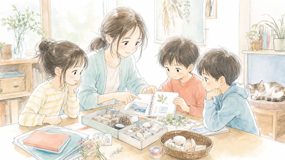 夏休み自由研究テーマ選びの「まとめ方が苦手な子への「4ステップ書き方ガイド」」をイメージした親子の水彩イラスト