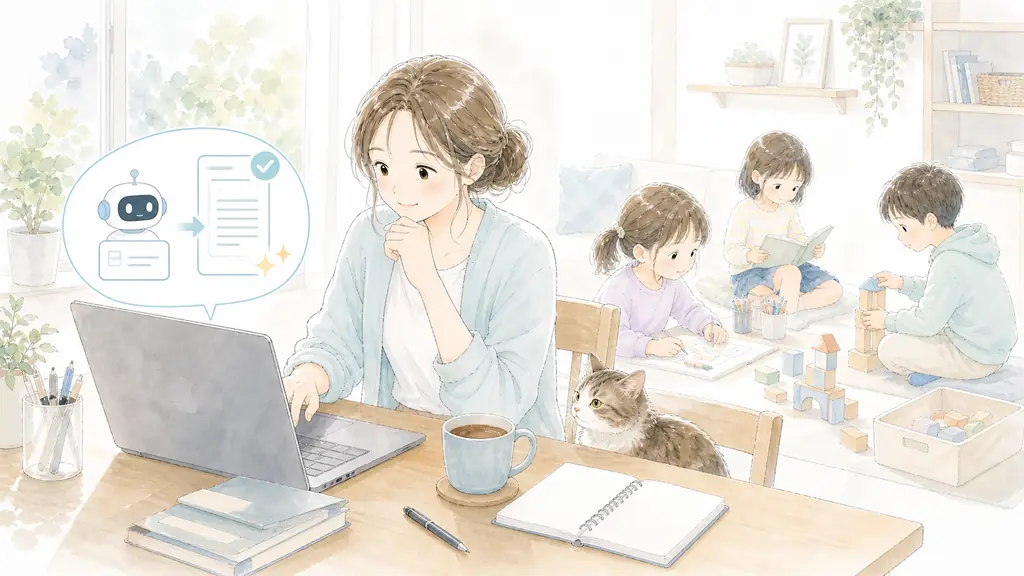 Claudeで在宅ワーク効率化の「【時短術①】メール・ビジネス文章を30秒で仕上げる」をイメージした親子の水彩イラスト