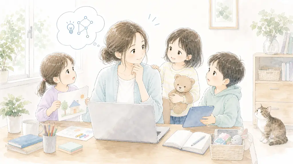 Claudeで在宅ワーク効率化の「Claude（クロード）ってどんなAI？在宅ワークに向いている理由」をイメージした親子の水彩イラスト