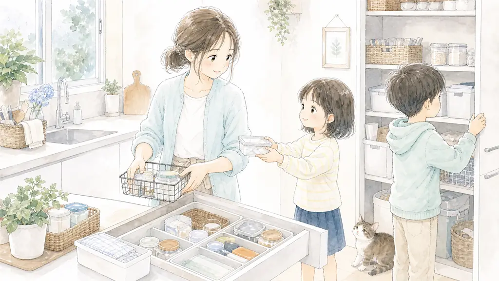 梅雨こそキッチン整理の「キッチン収納を整えるための5つのチェックリスト」をイメージした親子の水彩イラスト