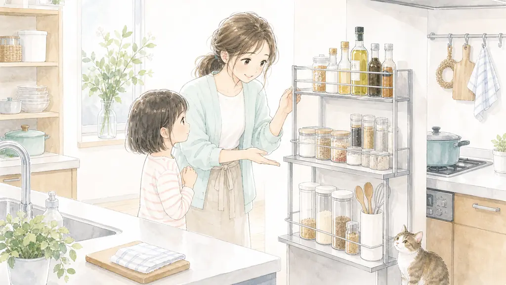 梅雨こそキッチン整理の「調味料はワイドラックに集結！定位置を作るコツ」をイメージした親子の水彩イラスト