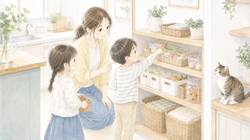 夏前に試して正解の「子どもたちのおやつ「専用ゾーン」ルールが最高だった」をイメージした親子の水彩イラスト