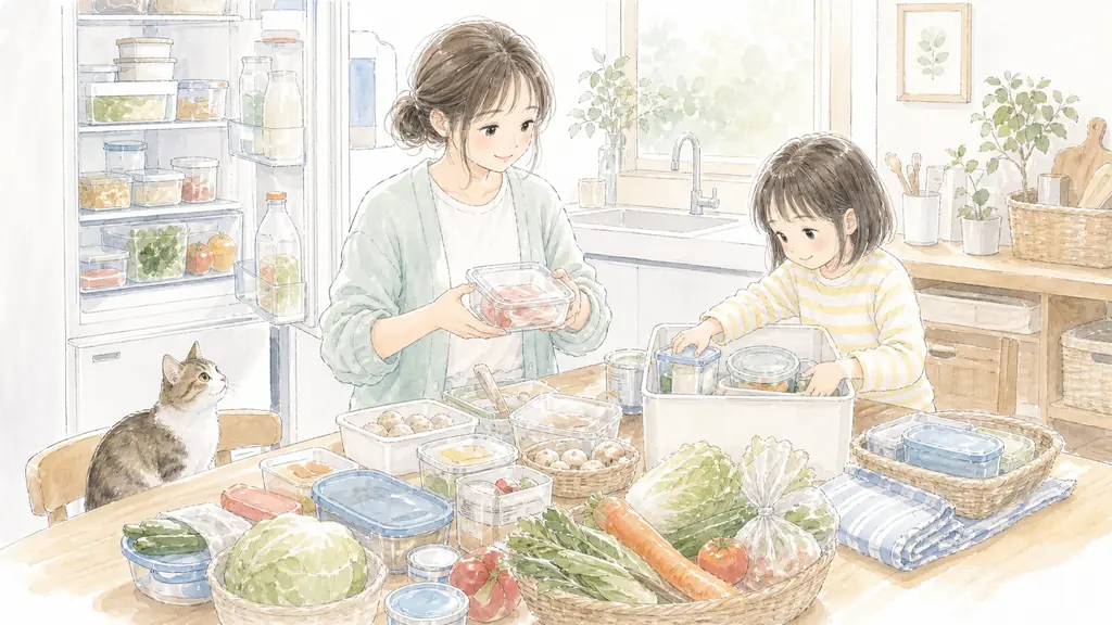 夏前に試して正解の「全部出して消費期限をチェック！」をイメージした親子の水彩イラスト