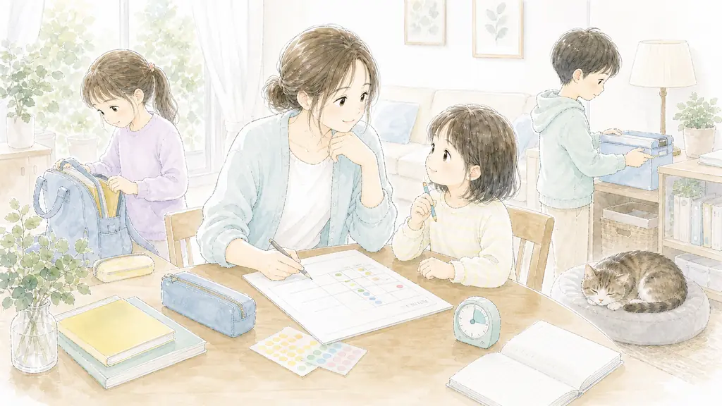 夏休みの宿題どう乗り切るの「宿題タイムを決めるときのポイント」をイメージした親子の水彩イラスト