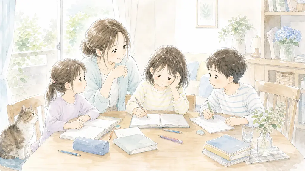 夏休みの宿題どう乗り切るの「夏休みの宿題が溜まる本当の理由」をイメージした親子の水彩イラスト
