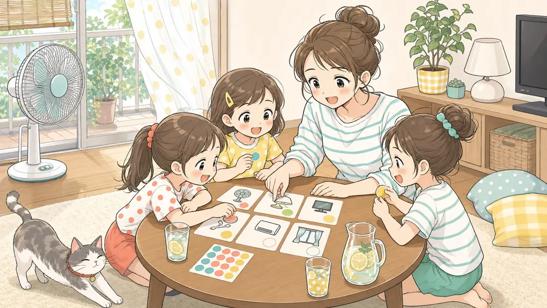夏の電気代を月3,000円節約の「義務にしないのが長続きのコツ」をイメージした親子の水彩イラスト