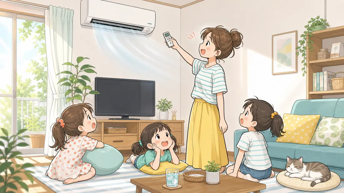 夏の電気代を月3,000円節約の「1. エアコンは「28度設定＋風向き下向き」が最強」をイメージした親子の水彩イラスト