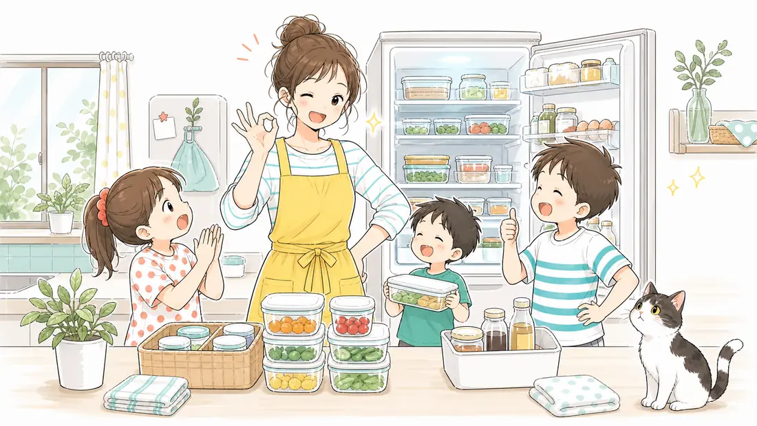 冷蔵庫の整理は夏前が狙い目|ズボラママの5つのコツの「今週末、ぜひやってみて!冷蔵庫リセットのまとめ」をイメージした親子の水彩イラスト