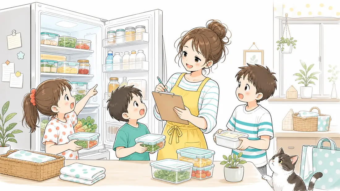 冷蔵庫の整理は夏前が狙い目|ズボラママの5つのコツの「「週末リセット」習慣で、きれいが続く」をイメージした親子の水彩イラスト