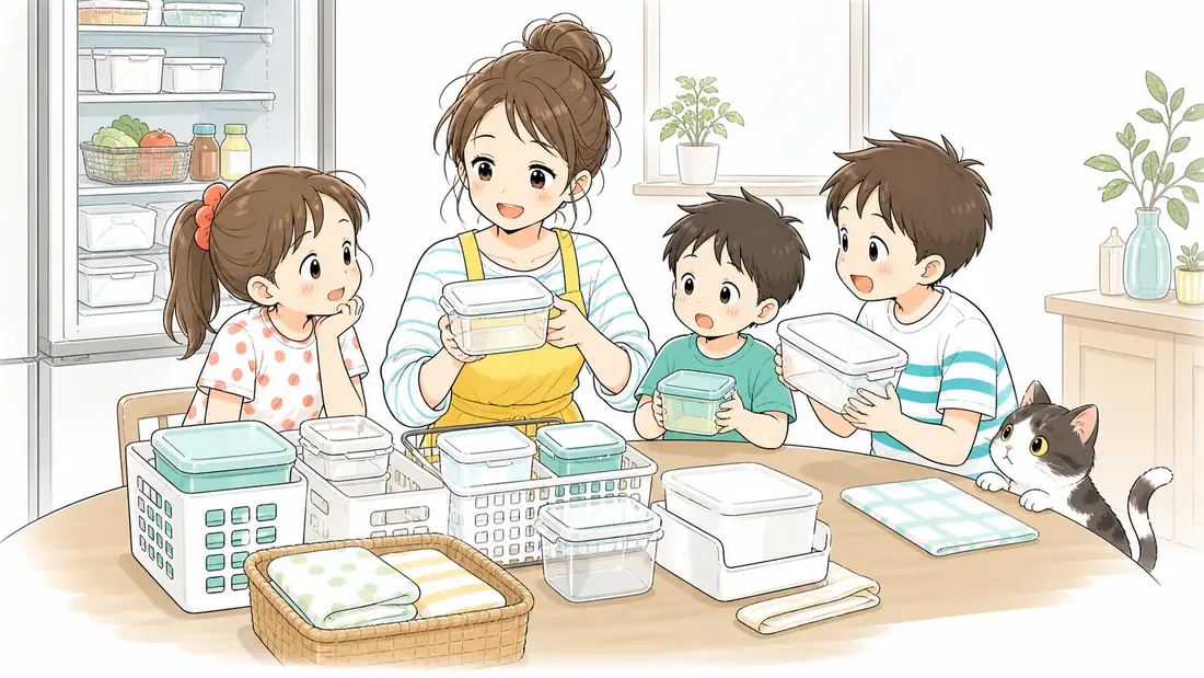 冷蔵庫の整理は夏前が狙い目|ズボラママの5つのコツの「100均グッズでも十分!でもせっかくなら長く使えるものを」をイメージした親子の水彩イラスト