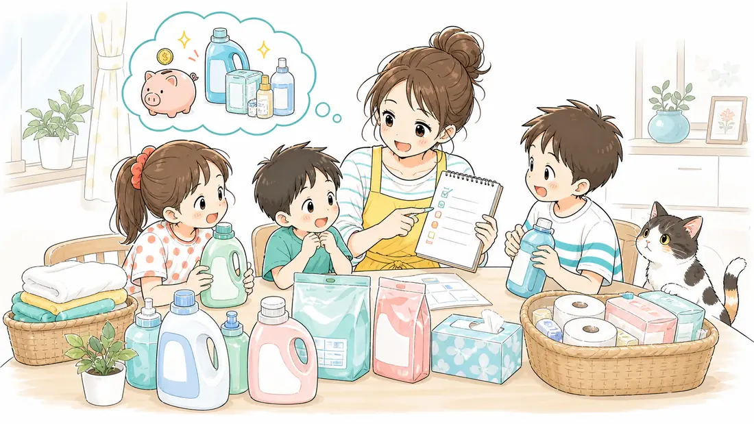 日用品の節約術｜月2,000円減らした洗剤まとめ買いのコツの「節約術③：セールのタイミングをねらってまとめ買い」をイメージした親子の水彩イラスト