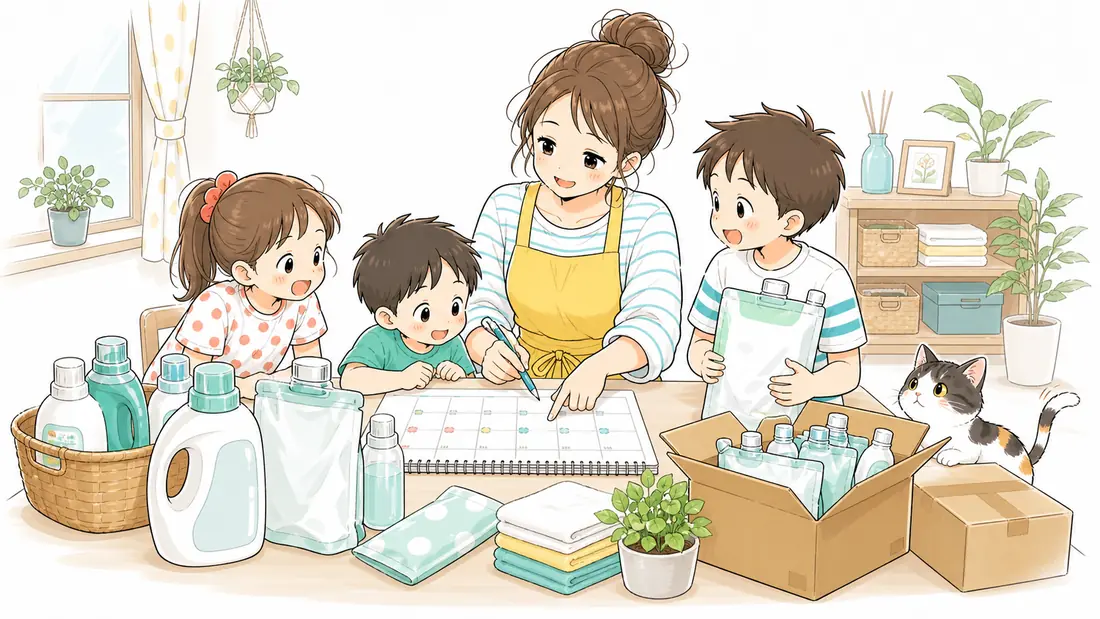 日用品の節約術｜月2,000円減らした洗剤まとめ買いのコツの「節約術②：Amazon定期おトク便を使い倒す」をイメージした親子の水彩イラスト
