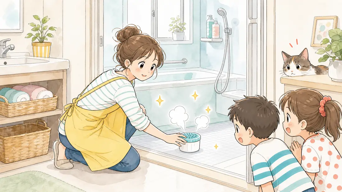 お風呂のカビを予防する5分の習慣|三姉妹ママの実践ルーティンの「月1回やるだけ!「防カビくん煙剤」でしっかり予防する」をイメージした親子の水彩イラスト