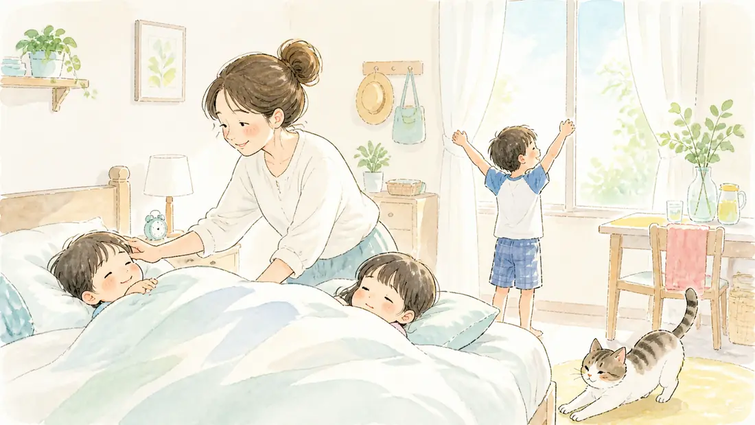 夏休みの生活リズムを戻す方法5選|崩れる原因と我が家の実例の「コツ1:「起きる時間」だけは固定する」をイメージした親子の水彩イラスト