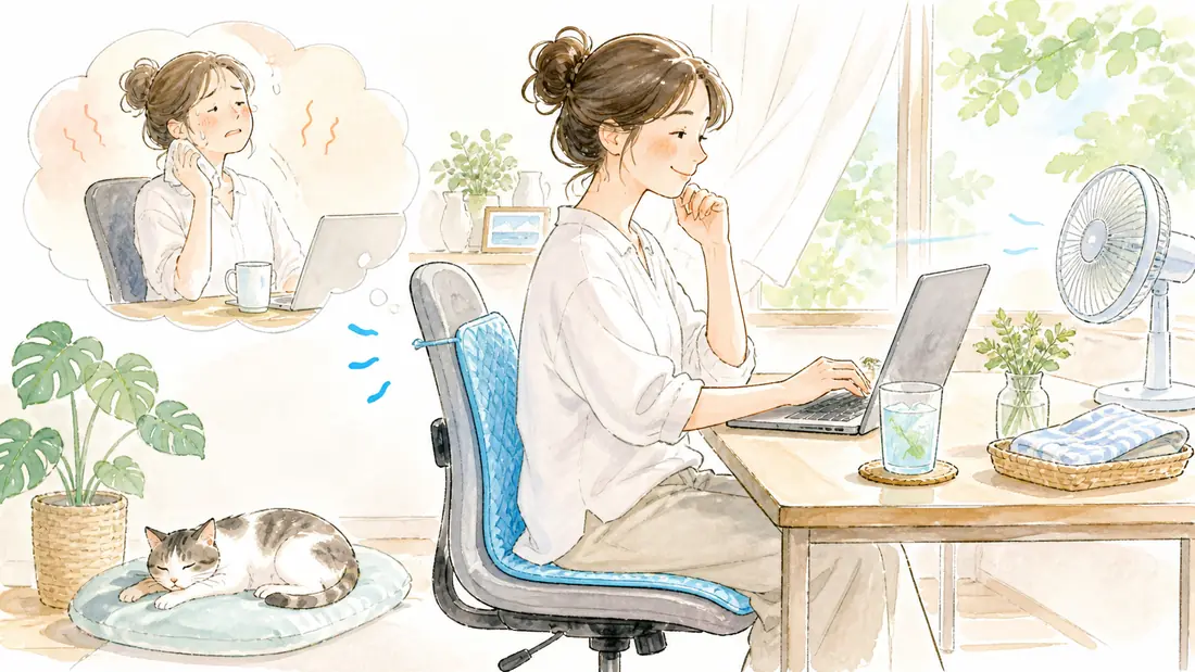 夏のデスク暑さ対策5選|在宅ワークが快適になった実例の「①接触冷感チェアパッドで「座りながら涼む」作戦」をイメージした親子の水彩イラスト
