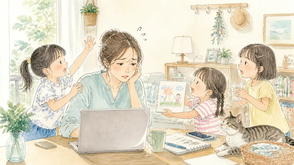 在宅ワークと夏休みの子供を両立するコツ5選|三姉妹ママの実例の「夏休み在宅ワークで一番しんどいのは「子どもの声」問題」をイメージした親子の水彩イラスト