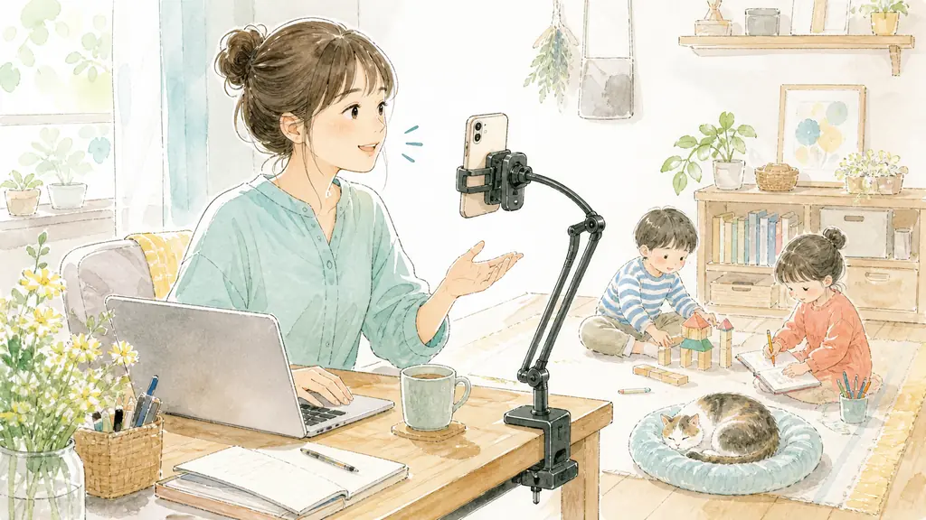 音声入力×AIで在宅ワークがラクになった話の「1. デスクに固定できるスマホスタンド」をイメージした親子の水彩イラスト