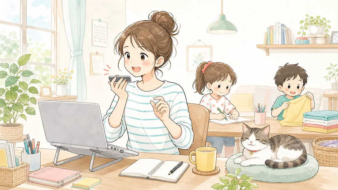 音声入力×AIで在宅ワークがラクになった話の「まとめ|声で話すだけで、限られた時間の使い方が変わる」をイメージした親子の水彩イラスト