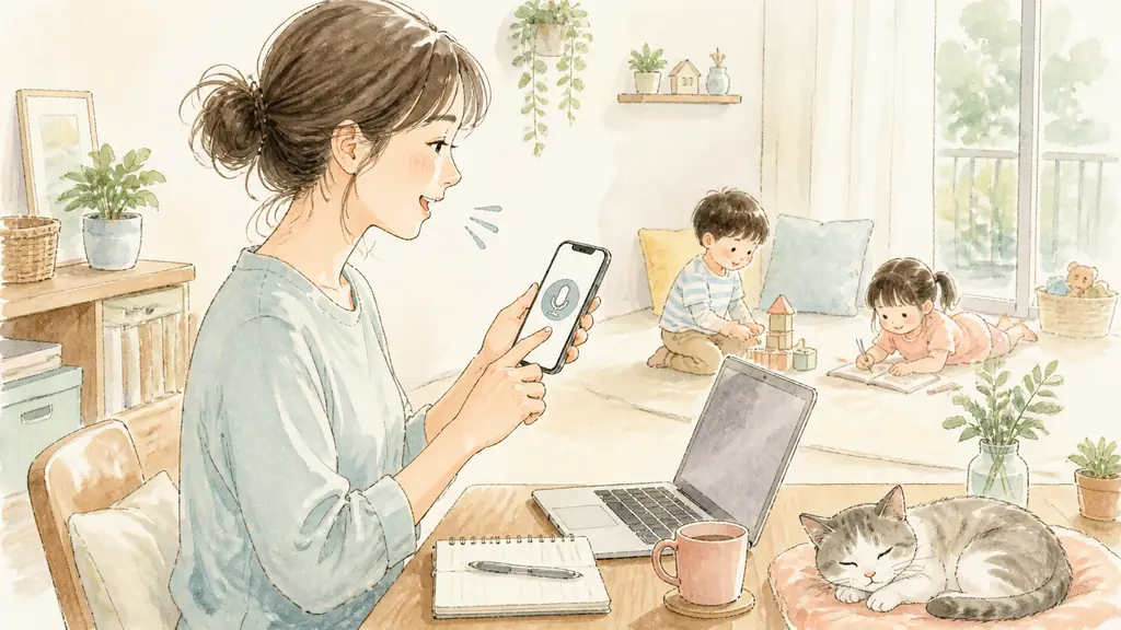 音声入力×AIで在宅ワークがラクになった話の「音声入力の方法は?特別な準備はいらない」をイメージした親子の水彩イラスト