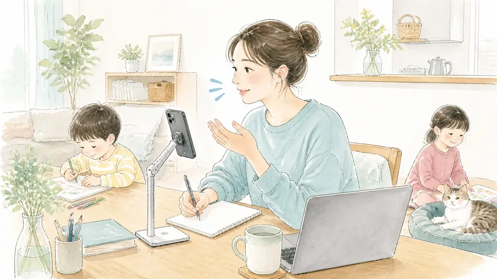 音声入力×AIで在宅ワークがラクになった話の「音声入力とは?在宅ワークの就業時間を効率よく使う方法」をイメージした親子の水彩イラスト
