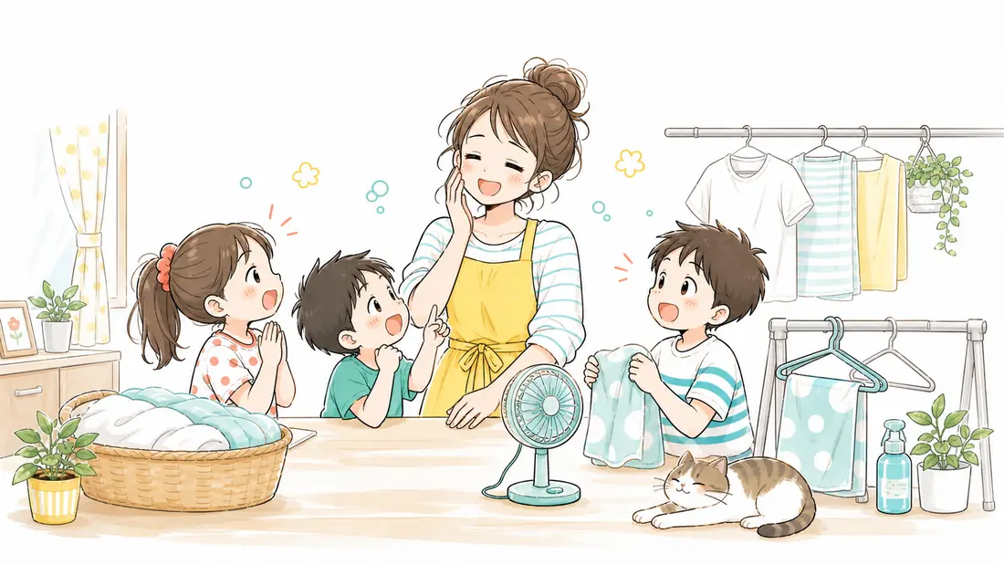 夏の部屋干し臭対策5選｜洗濯物のニオイ撃退術の「これでじゅうぶんです◎ 夏の部屋干し臭対策まとめ」をイメージした親子の水彩イラスト