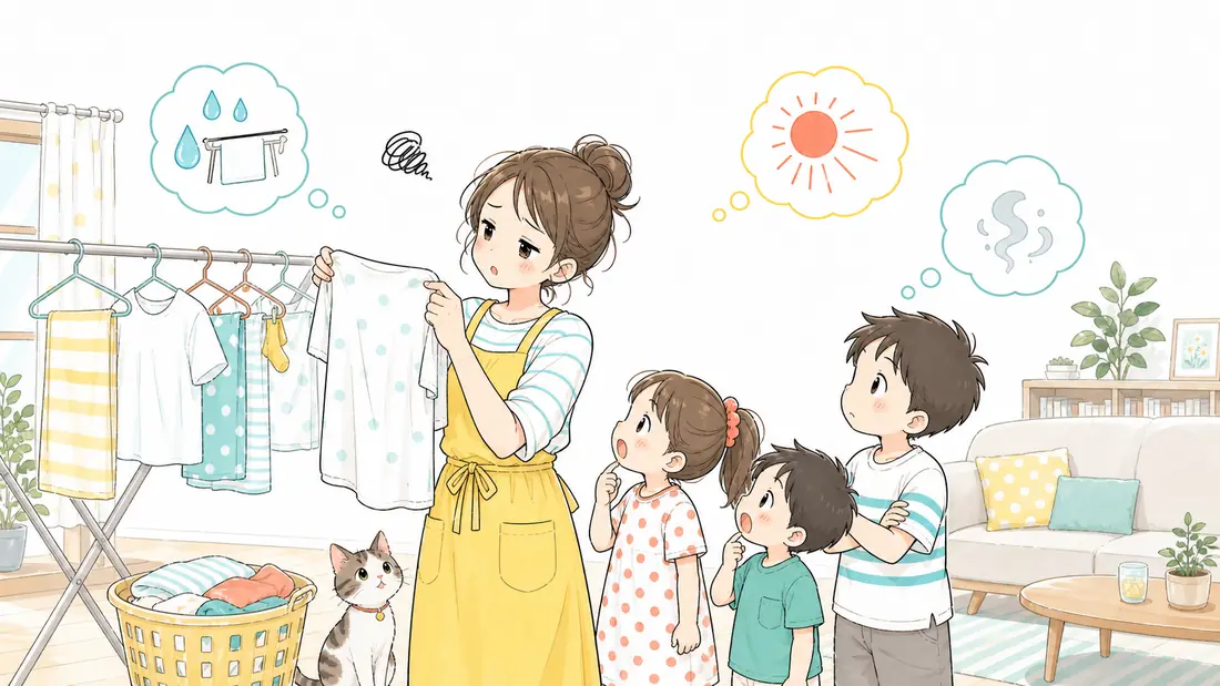 夏の部屋干し臭対策5選｜洗濯物のニオイ撃退術の「部屋干し臭の原因とは？梅雨明けも要注意な理由」をイメージした親子の水彩イラスト