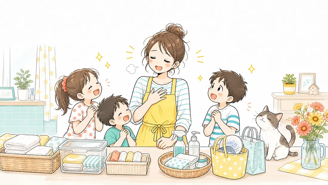 お盆前の家事時短ワザ5選|来客準備をラクにする工夫の「まとめ|お盆前の家事は掛ける・任せる・省くで乗り切る」をイメージした親子の水彩イラスト