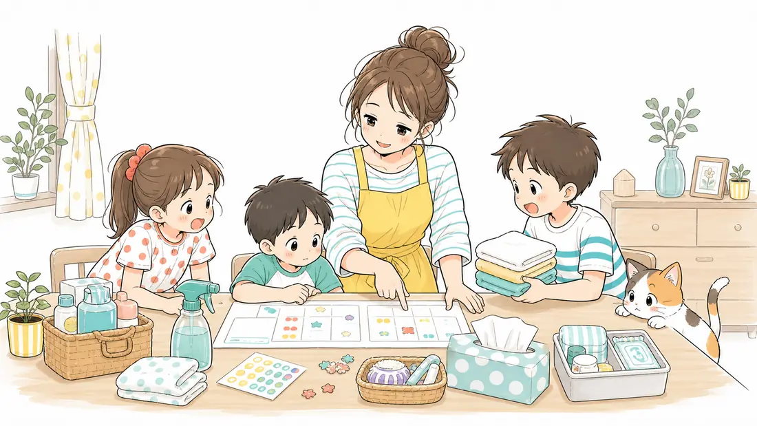 お盆前の家事時短ワザ5選|来客準備をラクにする工夫の「来客当日にバタバタしないための我が家のルール」をイメージした親子の水彩イラスト