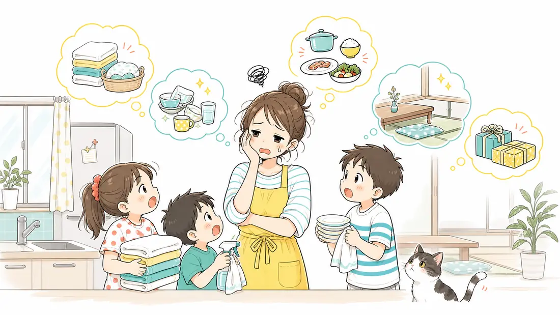 お盆前の家事時短ワザ5選|来客準備をラクにする工夫の「お盆前になると家事が一気に増える理由」をイメージした親子の水彩イラスト