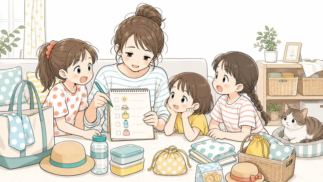 夏休みのお出かけ費用を抑える節約術5選|三姉妹ママの実例の「まとめ」をイメージした親子の水彩イラスト