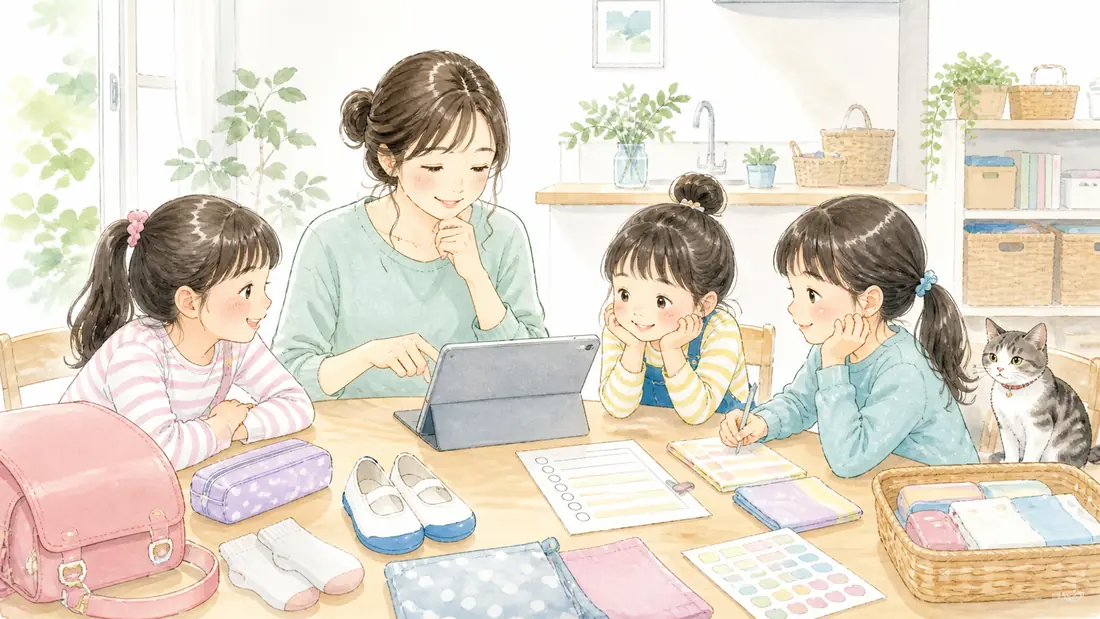 ChatGPTで新学期準備がラクにの「持ち物リストはChatGPTに聞くだけで完成」をイメージした親子の水彩イラスト
