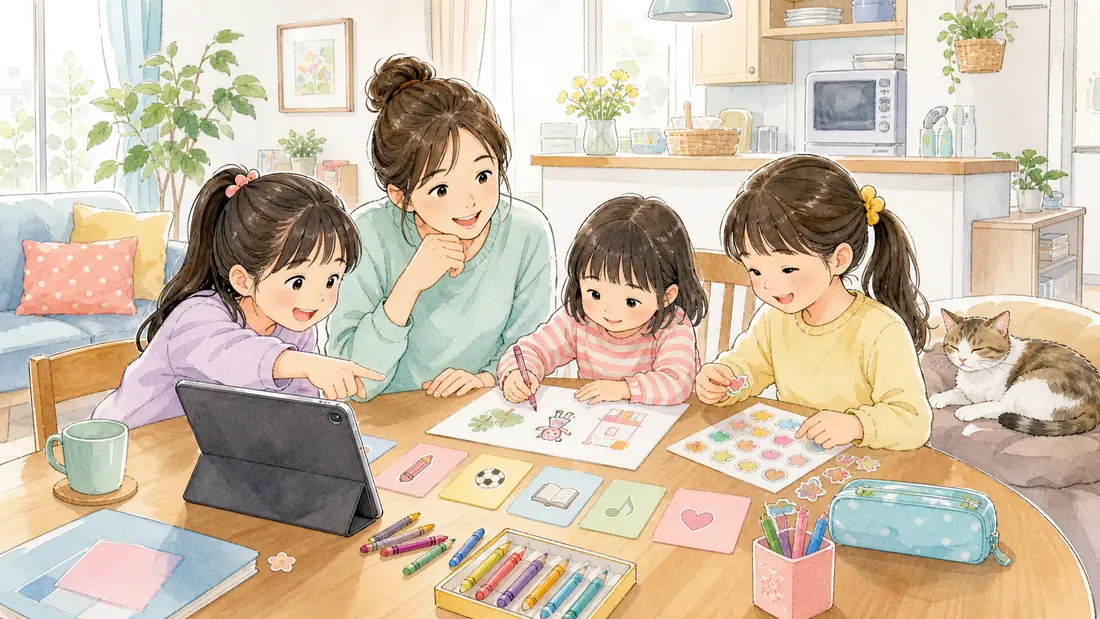 ChatGPTで新学期準備がラクにの「2学期の目標をAIと一緒に立てる」をイメージした親子の水彩イラスト
