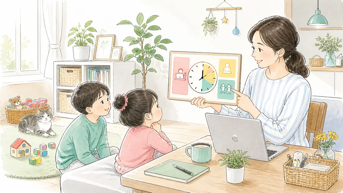 2学期スタートの「切り替え術2|家族に仕事時間を見える化する」をイメージした親子の水彩イラスト