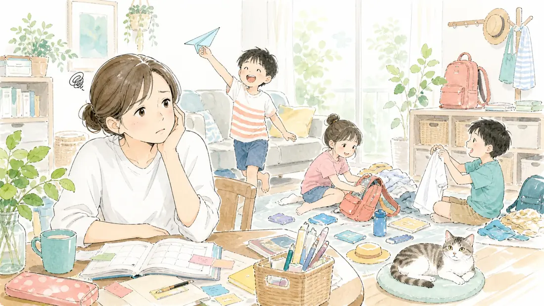 2学期スタートの「理由1|家に子どもがいた40日で自分の生活リズムも崩れている」をイメージした親子の水彩イラスト